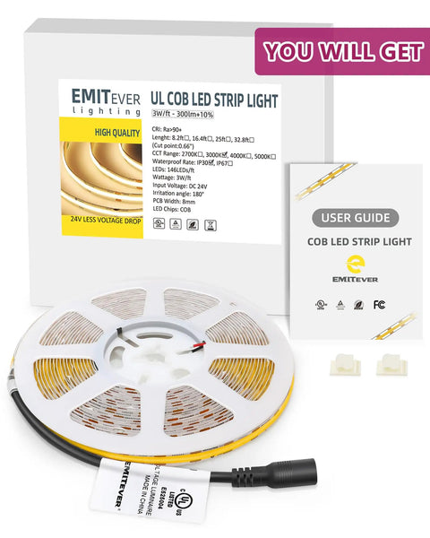 Warm White COB LED Strip Lights 32.8ft 3000K 24V Dimmable Tape Light reel, user guide, and accessories displayed