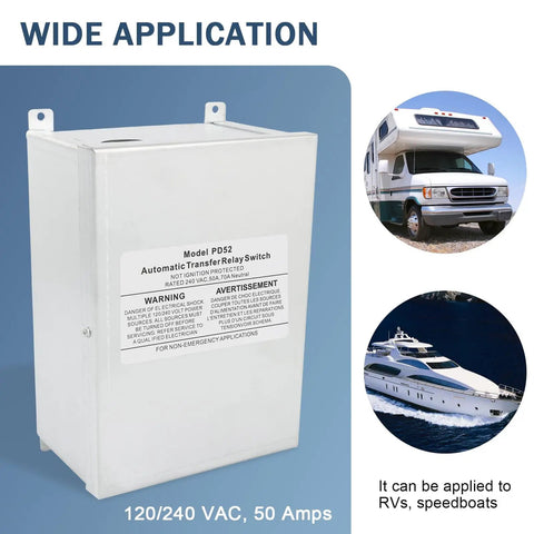 RV Automatic Transfer Switch 240VAC 50A 70A Neutral Pre Wired For Shore Power To Generator Or Inverter Emergency Backup Power Switch For RVs Boats And Big Power Equipment, white metal enclosure