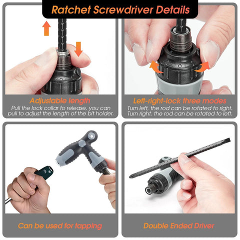 Close-up of a ratchet screwdriver showing adjustable length, three modes, tapping use, and double-ended driver.