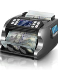 Mixed Denomination Money Counter With Multi Currency Support displaying stacked USD bills with dual display and control panel.