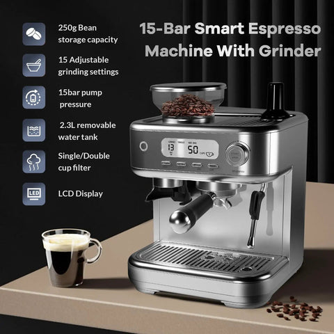 Semi Automatic Espresso Machine With 15Bar Pump And Stainless Steel Build Featuring PID LCD Controls And A Pro 58mm Portafilter For Brewing Silky Lattes And Rich Cappuccinos At Home This Top Shelf Morning Fuel Delivers Instant Cafe Vibes To Your Counter with 250g bean storage.