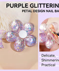 Holographic Nail Stand Kit For Press On Nails With Magnetic Holder featuring purple glitter flower base and nail art brush.