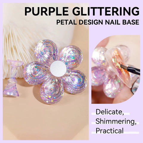 Holographic Nail Stand Kit For Press On Nails With Magnetic Holder featuring purple glitter flower base and nail art brush.