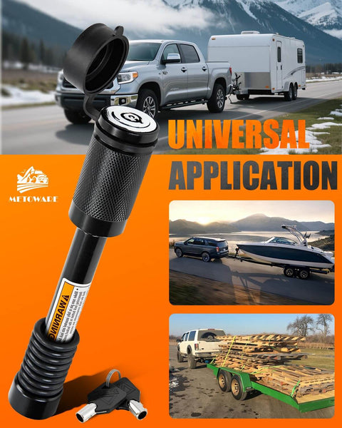 Push To Lock Trailer Hitch Lock For 2 Inch And 2.5 Inch Receiver 5/8 Inch Pin Anti Theft With O Rings Keyless Security That Locks Fast Fits Class III And IV Hitches Heavy Duty Black with images of truck towing trailers in mountains