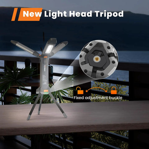 Go To 4 In 1 Cordless Work Light With Stand And Detachable Tripod Rechargeable LED Lamp shown on tabletop with adjustment buckle detail
