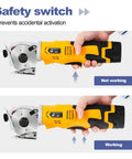 Heavy Duty Cordless Electric Scissors With Safety Switch For Cutting Cardboard Boxes showing safety switch functionality.