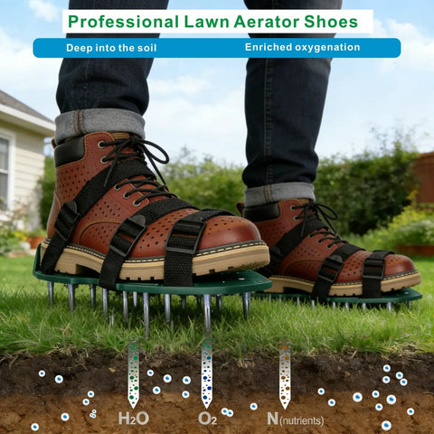 Upgraded Lawn Aerator Shoes With 26 Stainless Steel Spikes for easy yard aeration in use on grass for improved soil health.