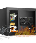 Compact Home Safe 1.2 Cubic Fireproof And Waterproof With Programmable Keypad, open showing documents and flames outside