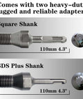 Front view of square-shank and SDS-Plus dry-core concrete drill bits, 110 mm (4.3 in) long
