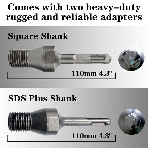 Front view of square-shank and SDS-Plus dry-core concrete drill bits, 110 mm (4.3 in) long