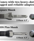Pro Grade 3 Inch Dry Core Drill Bits For Cured Concrete With Rebar Brick Block Masonry 13 Inch Drilling Depth 330mm Diamond Segment Height 10mm Includes 2 Adapters For Easy Setup shown with two heavy-duty adapters, square and SDS Plus shanks.
