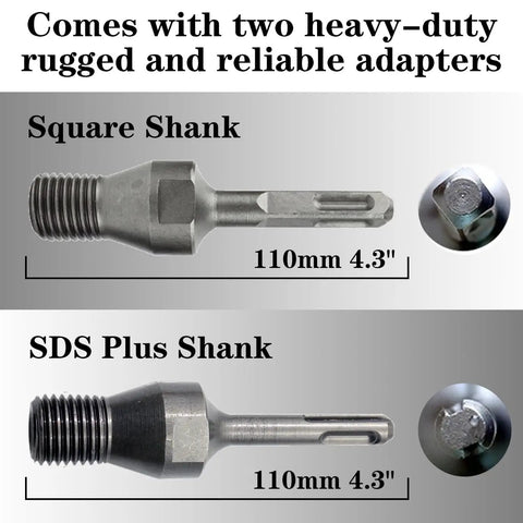 Pro Grade 3 Inch Dry Core Drill Bits For Cured Concrete With Rebar Brick Block Masonry 13 Inch Drilling Depth 330mm Diamond Segment Height 10mm Includes 2 Adapters For Easy Setup shown with two heavy-duty adapters, square and SDS Plus shanks.