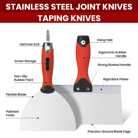 Stainless steel taping knives from All In One Drywall Repair Kit 10 Piece Set With 4 Putty Knives 1 2 4 6 Inches 3 Taping Knives