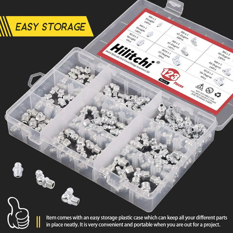 123 Piece Metric Hydraulic Zerk Grease Fittings Kit With 9 Common Sizes Including M6 X 1 Straight 45 And 90 Degree M8 X 1 Straight 45 And 90 Degree M10 X 1 Straight 45 And 90 Degree Perfect For Auto Repair Bike And DIY Projects displayed in a storage case