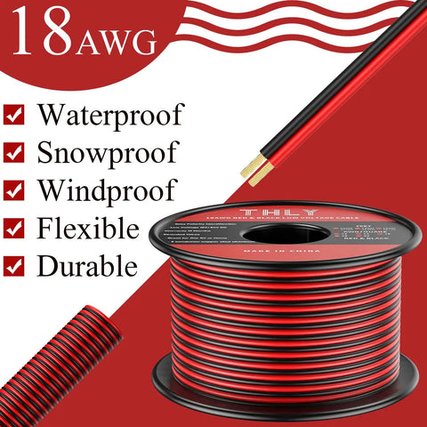 18 Gauge Wire 120Ft 2 Conductor Red And Black Hook Up Cable on spool, showcasing flexibility and weatherproof features