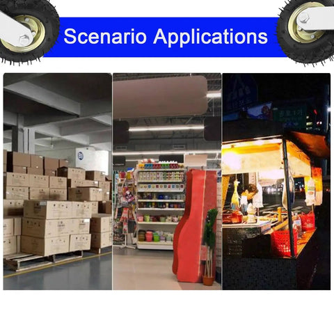 Heavy Duty Beefy Rubber Caster Wheels With Air Filled Tires That Rolls Smooth On Any Surface Includes Two Swiveling Casters And Two Fixed Brackets in a warehouse, store, and food cart settings.