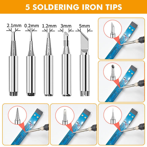 Image showing 5 soldering iron tips of different sizes included in the 80W Soldering Iron Kit With Multimeter And LCD Temperature Display.