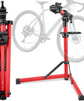 Upgrade Ebike Repair Stand Portable Aluminum Bike Work Stand With 110 Lb Capacity For Electric Mountain And Road Bikes Red, Thick Aluminum Tube And Rust Resistant ABS Head Clamps For Scratch Free, Secure Maintenance On The Go, showing open and folded positions.