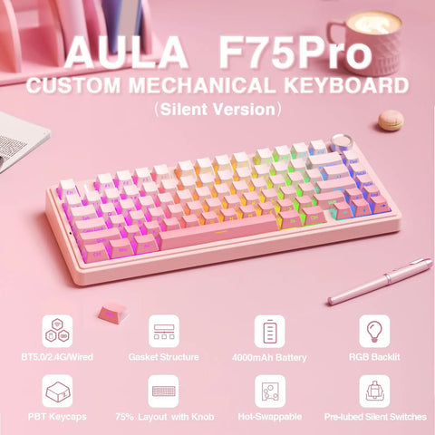 Dead Quiet Pink 75 Percent Wireless Mechanical Keyboard With Hot Swap Slots And Turn Dial, Bt50 And 24Ghz Wireless Setup, Pre Lubed Silent Switches With Rgb Backlight And Smooth Side Printed Pbt Keycaps For Your Killer Gaming Setup on a pink background.