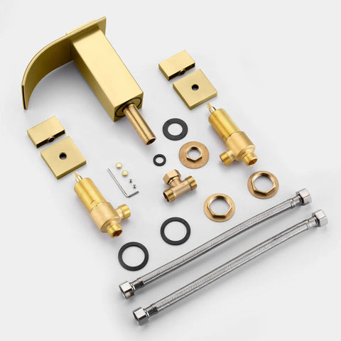 Components of Brushed Gold Waterfall Bathroom Faucet, 8-Inch Widespread 3-Hole Sink Faucet, Solid Brass Valve, modern fixture parts