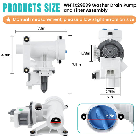 Washer Drain Pump Filter Replacement For GE Front Load Washers Plug And Play Fit With AP8054992 PS16217203 EAP16217203 size chart