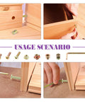 181Pcs M6 Hardware Kit For Crib And Furniture assembly demonstration showing bolts, nuts, and Allen wrench in use on wooden furniture.