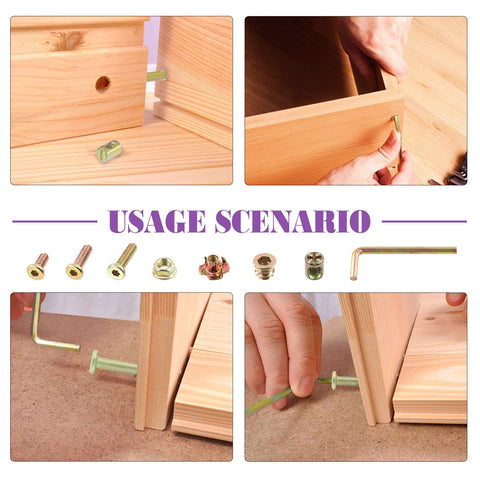 181Pcs M6 Hardware Kit For Crib And Furniture assembly demonstration showing bolts, nuts, and Allen wrench in use on wooden furniture.
