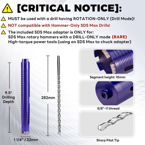 DaduoRi 1-1/4 in pro dry core drill bit set with pilot bit and three adapters, purple body, 9.5 in depth, 5/8-11 thread