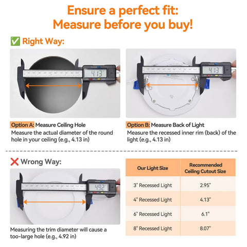 Guide for measuring ceiling hole diameter for 48 Pack 6 Inch Led Recessed Lights With Night Light installation.