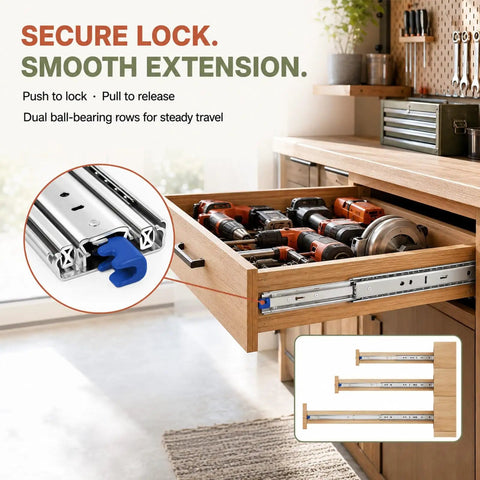 80 Inch Heavy Duty Locking Drawer Slides For Mobile Storage, 500 Lbs Per Pair, Yellow Lock Levers on open wooden tool drawer