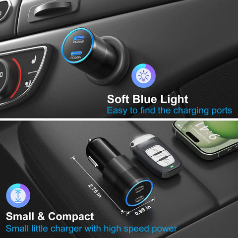 Dual Port USB C Car Charger With Super Fast 40W Output Adapter For Phone And Tablet Quick Top Off In Your Ride, compact design with blue light.