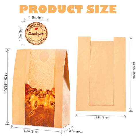 60 Pack Paper Bread Bags With Window For Fresh Sourdough And Homemade Loaves Kraft Bakery Bags 13.7 By 8.3 By 3.5 Inches Includes 70 Sealing Stickers Great For Storing Loaves And Snacks shown with dimensions and transparent window.
