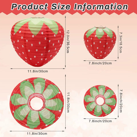 Strawberry Paper Lanterns Set Of 4 Large 8 Inch And 12 Inch Hanging Decor 3D Red Strawberry Party Lanterns for size reference.