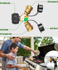 Propane Tank Splitter With Gauge 2 Way Y Adapter showing brass connections and overlay of BBQ grill in use