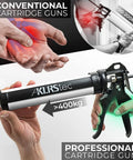 Comparison of conventional vs. Heavy Duty Caulking Gun With Twenty Five To One Thrust Ratio For Standard Ten Ounce 300ml Cartridges.