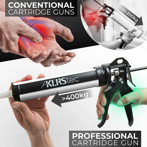 Comparison of conventional vs. Heavy Duty Caulking Gun With Twenty Five To One Thrust Ratio For Standard Ten Ounce 300ml Cartridges.