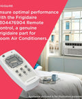 Replacement Remote Control For Room Air Conditioners 5304476904 White Plug And Play Exact Fit No Tools Needed, shown near window AC unit.