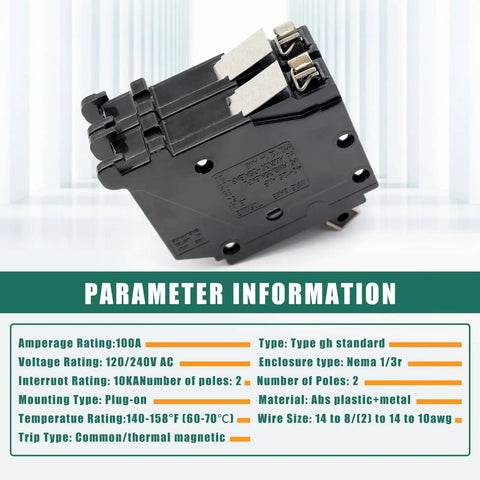 Straight Swap Heavy Duty Workhorse 2 Pole 100 Amp Circuit Breaker with parameters and ratings for Cutler Hammer Load Centers.