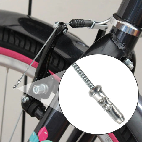 Close-up of brake system with 91 Piece Bike Cable Kit With Cutter, Complete Shifter And Brake Cables, Stainless Steel Housing on bicycle fork.