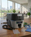 High Speed Dual Sided Pvc Id Card Printer That Cranks Out Crisp Badges At 300 Dpi With Encrypted Output on a wooden desk.