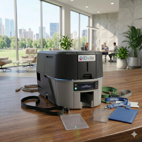 High Speed Dual Sided Pvc Id Card Printer That Cranks Out Crisp Badges At 300 Dpi With Encrypted Output on a wooden desk.