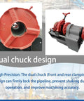 Electric Pipe Threader Machine 110V All In One Threading Cutting And Reaming Tool For Water Gas And Electrical Conduits With Dual Clamping And Self Oiling System Covering Half Inch To Two Inch Workhorse dual chuck close-up