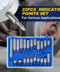 Blue case with 22-piece indicator points set; chrome-plated metal tips for precision measurements.