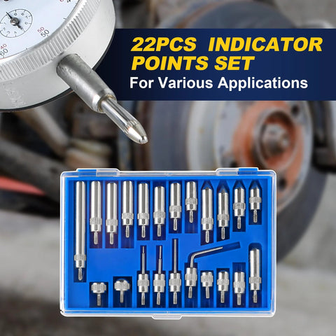 Blue case with 22-piece indicator points set; chrome-plated metal tips for precision measurements.