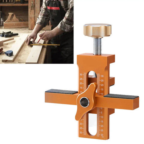 Badass Cabinet Door Mounting Jig With Adjustable Aluminum Clamp And Rock Solid Steel Rods For Dead Nuts Hinge Alignment Easy Solo Diy Setup No Fuss Support Tool For Quick Home Repair Jobs Anywhere close-up of adjustable aluminum clamp jig