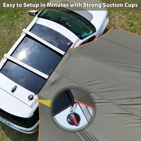 Top view of Oversize Car Side Camping Awning 11 By 19 Feet attached to SUV with suction cups