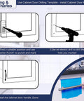 Diagram showing steps for using Cabinet Hardware Template With Center Punch Kit for installing handles on doors, with alignment tool.