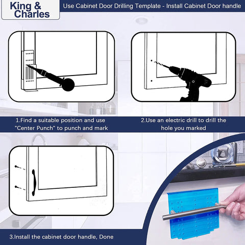 Diagram showing steps for using Cabinet Hardware Template With Center Punch Kit for installing handles on doors, with alignment tool.