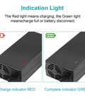 Charging indicator lights on 54.6V 2A Fast Charger For 13S Li-ion Battery, Safe Smart Charging For 48V E-Bikes And Scooters, 100-120V Input, 54.6V Output.