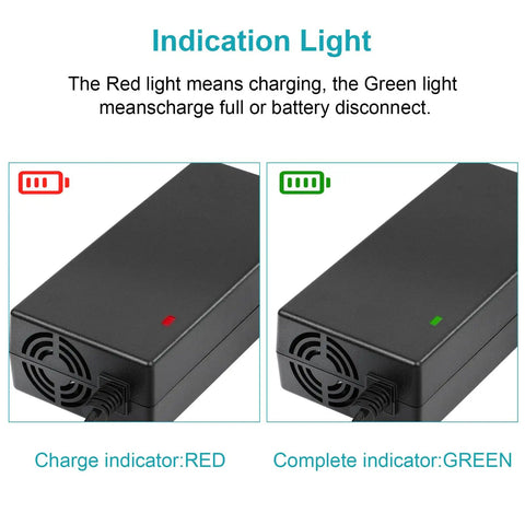Charging indicator lights on 54.6V 2A Fast Charger For 13S Li-ion Battery, Safe Smart Charging For 48V E-Bikes And Scooters, 100-120V Input, 54.6V Output.